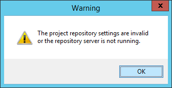 Warning: The project repository settings are invalid or the repository server is not running.