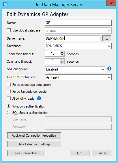Jet Data Manager Server: Edit Dynamics GP Adapter