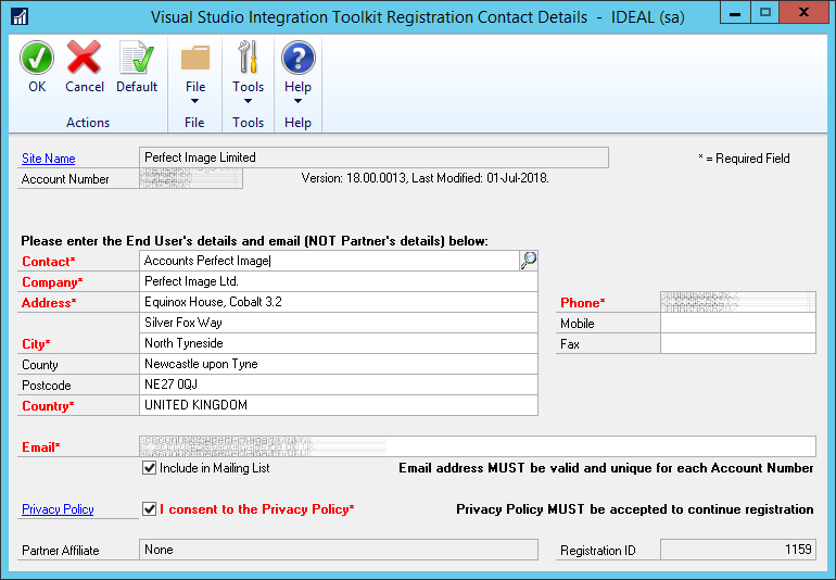 Visual Studio Integrating Toolkit Registration Contact Details