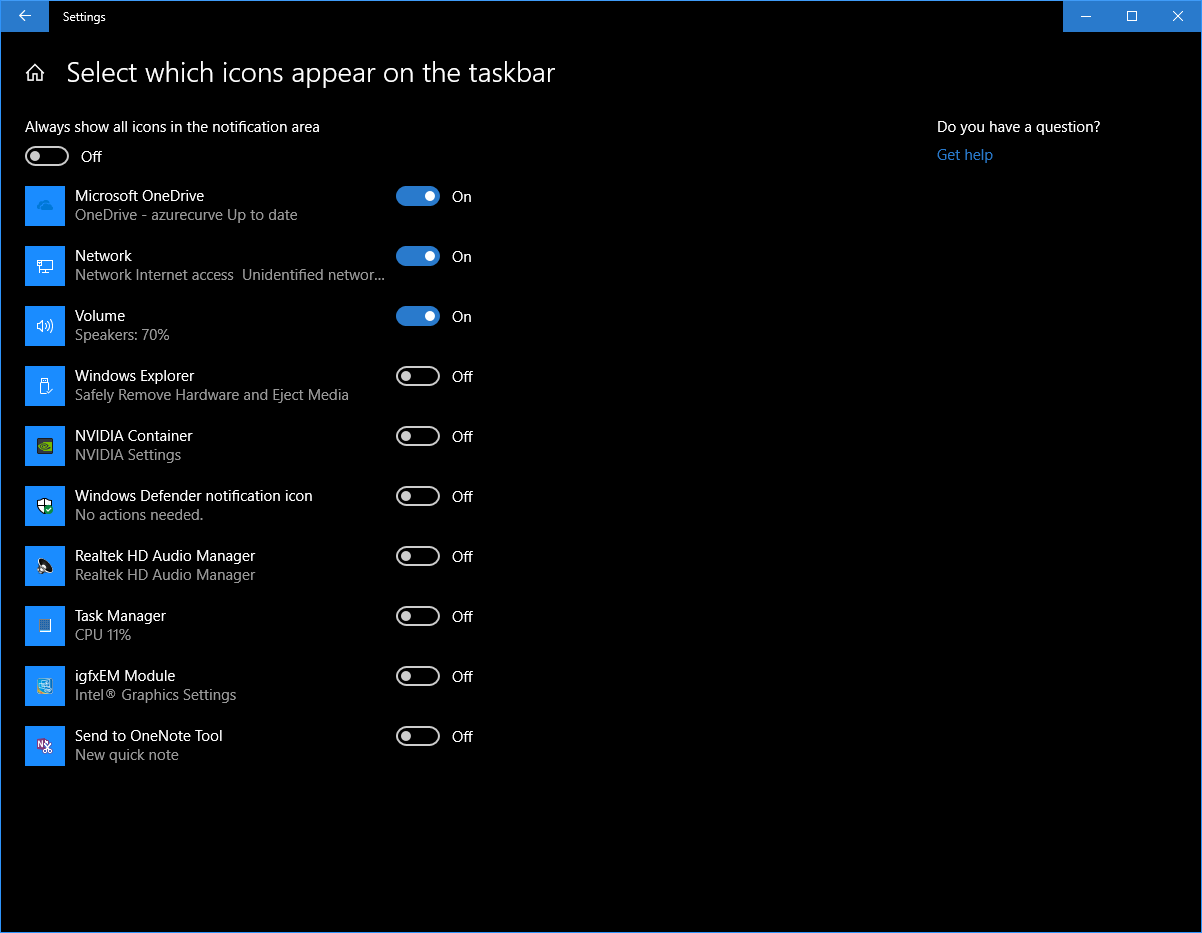 Settings app: Select which icons appear on the taskbar