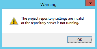 Warning - The project repository settings are invalid or the repository server is not running.
