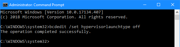 Adminstrator: Command Prompt showing hypervisor successful disabled