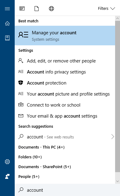 Windows Start menu search for account
