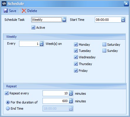 Schedule window showing new schedule