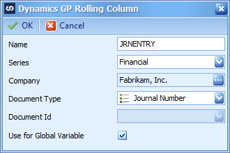 Dynamics GP Rolling Column showing data entered