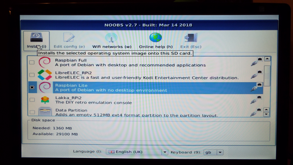 NOOBS with Raspbian Lite selected