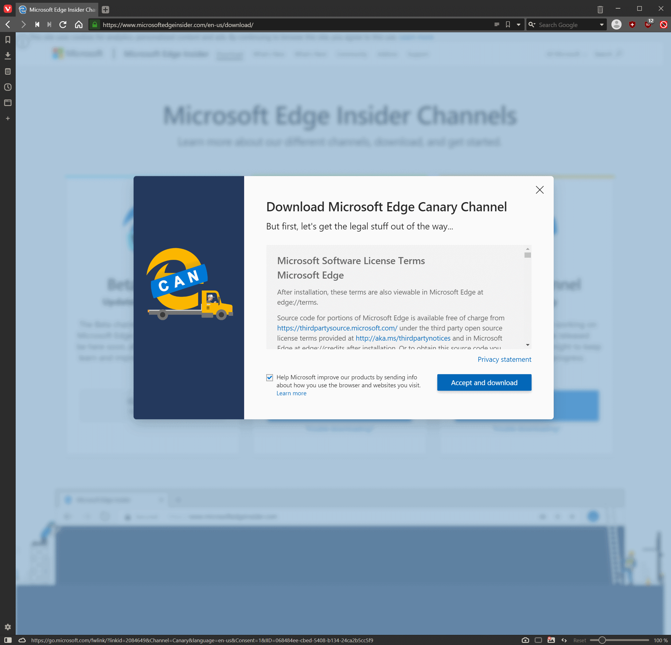 Accept and download Edge Canary