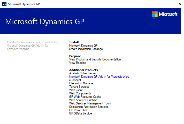 Microsoft Dynamics GP setup utility