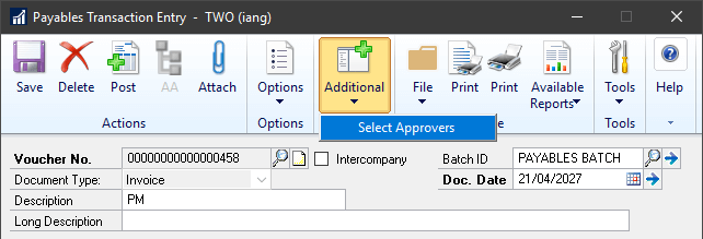 Select Approvers button on action pane