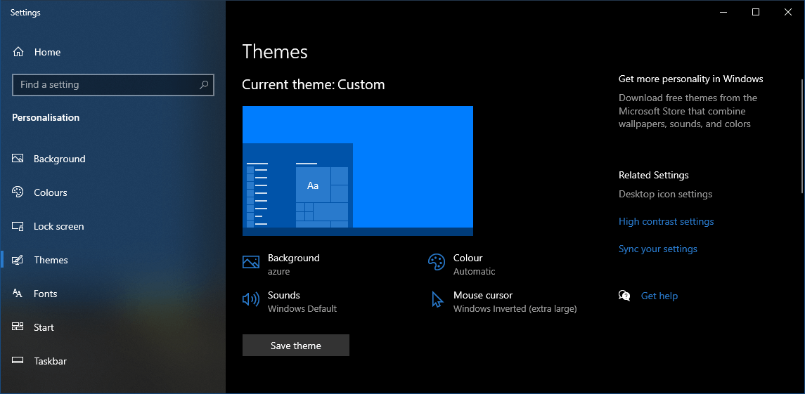 Themes settings window