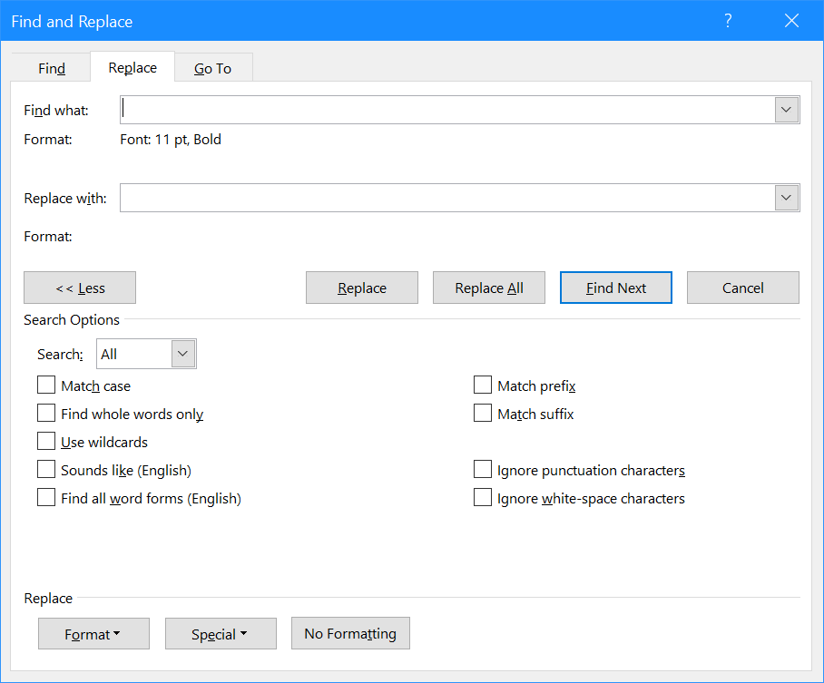 Find and Replace window showing format to replace