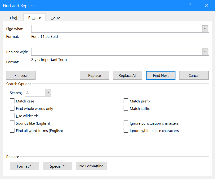 Find and Replace window showing the style to be applied to the selected format