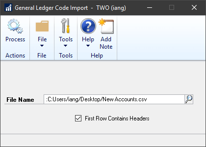 General Ledger Code Import window
