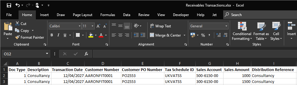 Microsoft Excel showing the format for the import