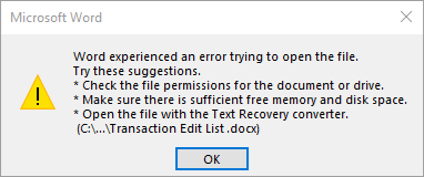 Word experienced an error trying to open the file...