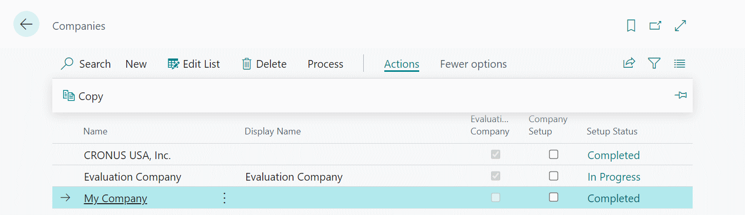 Companies list with the company to copy highlighted and Actions menu open