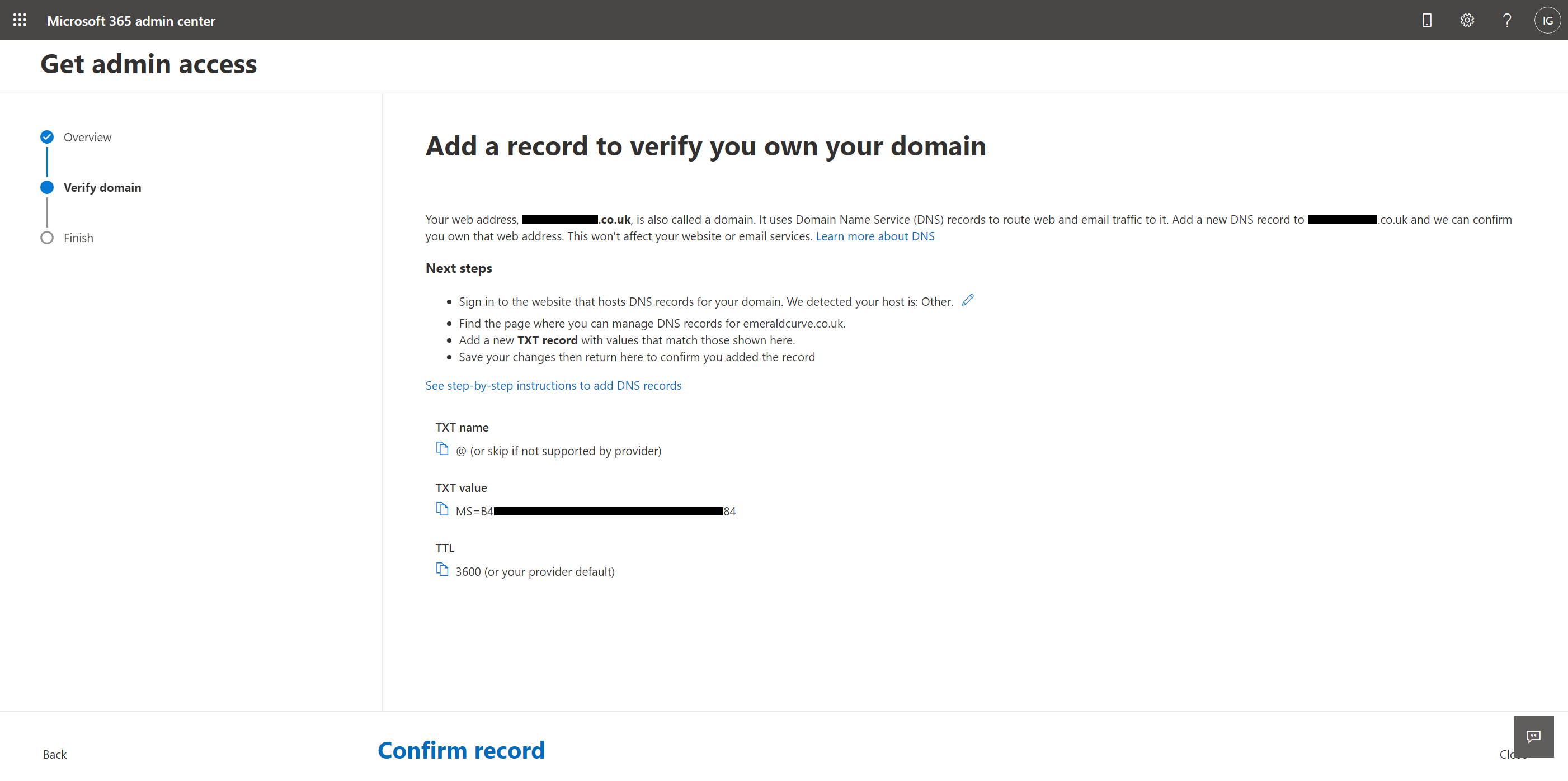 Add a record to verify you own your domain