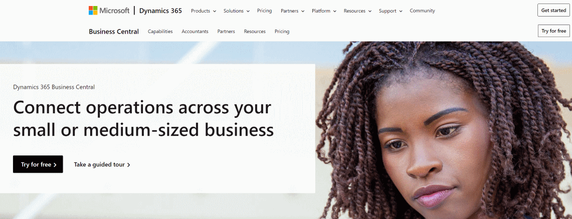 Business Central website landing page