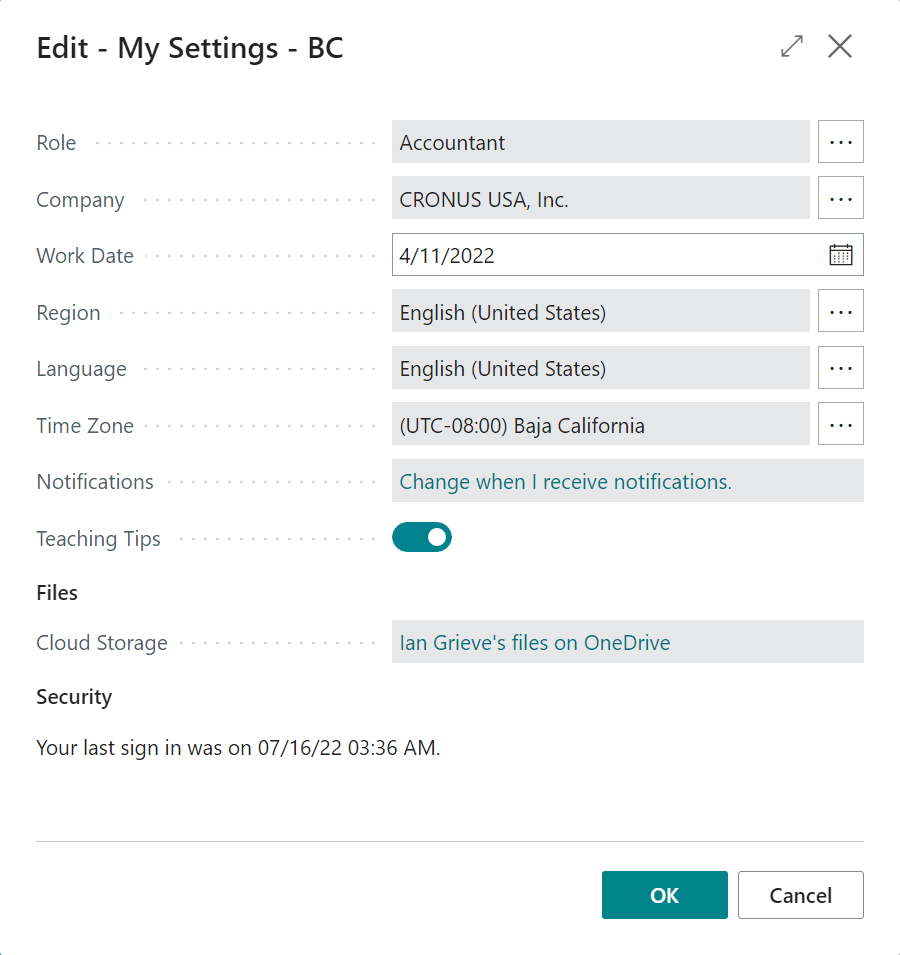 Edit - My Settings showing the newly selected role
