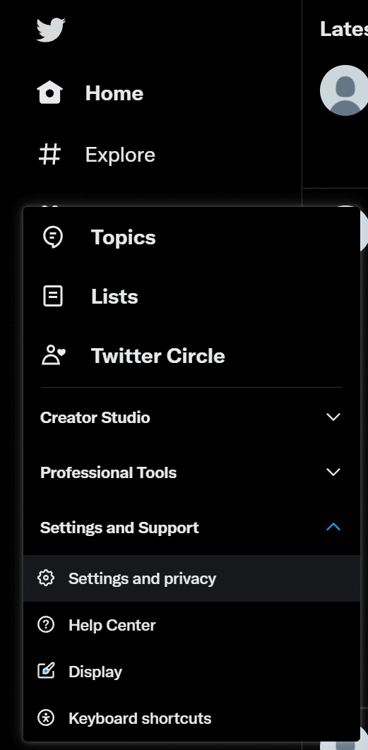 More menu with Settings and privacy selected