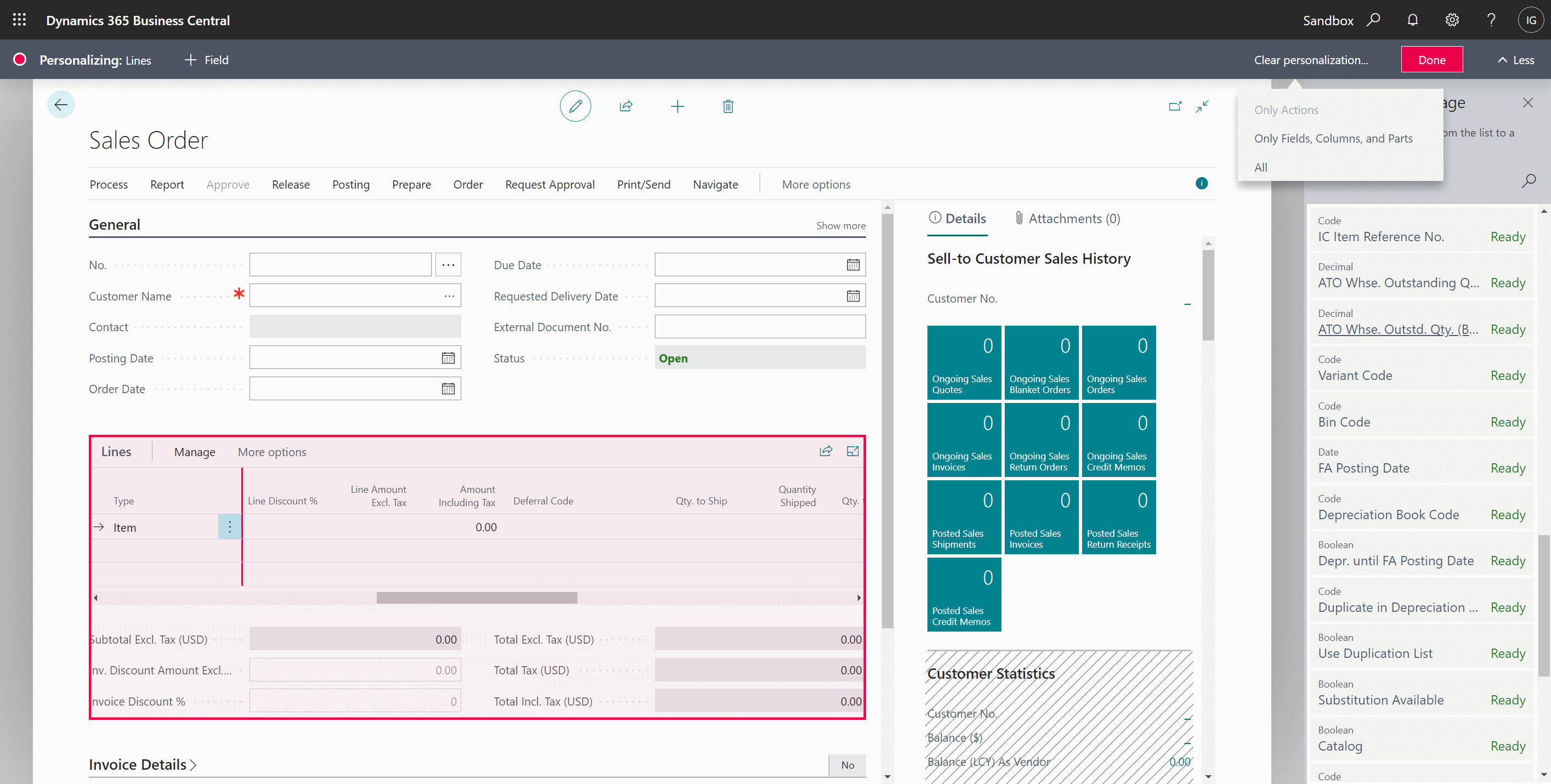 Sales Order page with Personalizating toolbar open