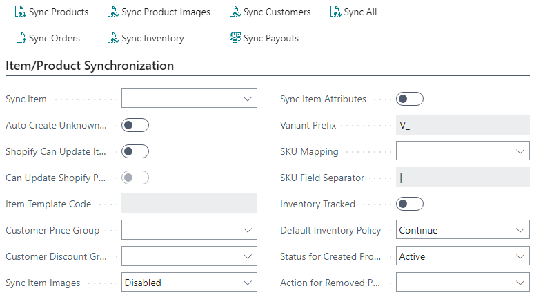 Item/Product Synchronization tab on the Shopify Shop Card page