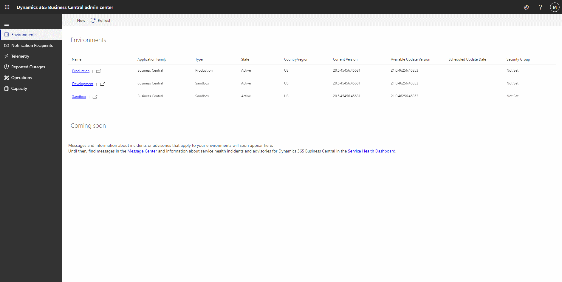 Dynamics BC Admin Center showing list of companies