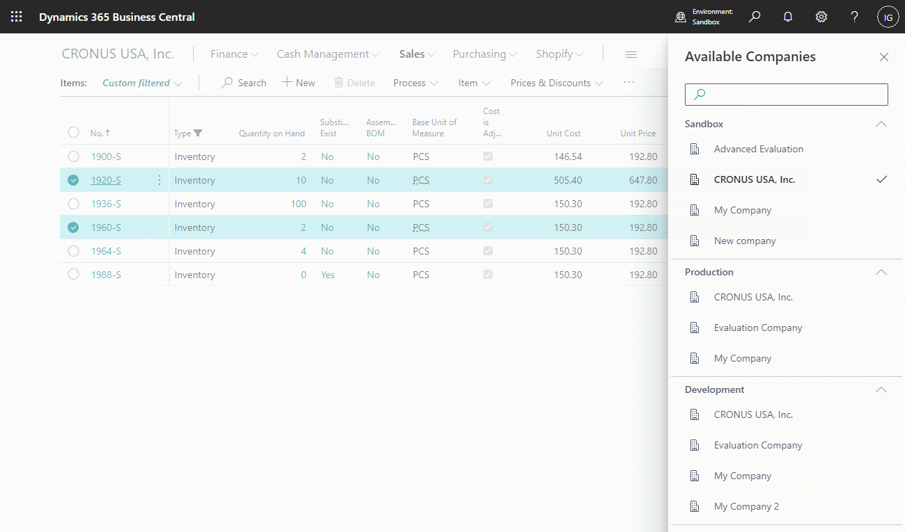 New Available Companies sidebar showing environments and companies