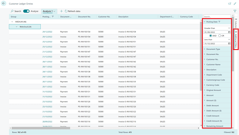 Analyze data in list pages and queries using data analysis mode - Business  Central