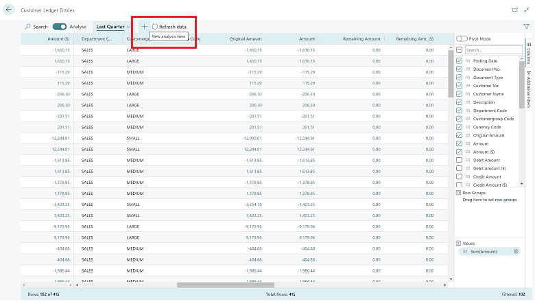 Analyze data in list pages and queries using data analysis mode - Business  Central