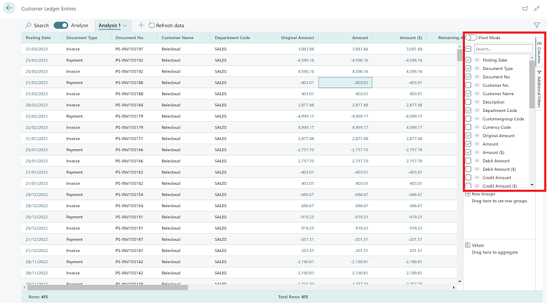 Analyze data in list pages and queries using data analysis mode - Business  Central