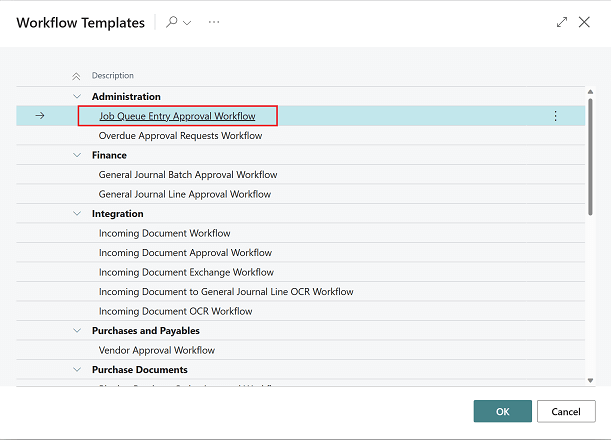 Shows new Job Queue Approval Workflow template in list of Workflow Templates