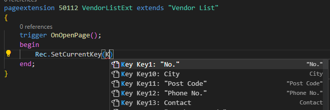 Example of IntelliSense showing available keys for SetCurrentKey() method