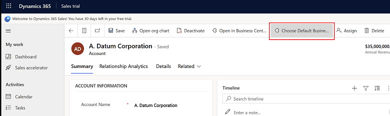 Shows Choose Default Connection action in Dynamics 365 Sales