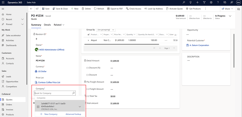 Shows Company field on Quote in Dynamics 365 Sales