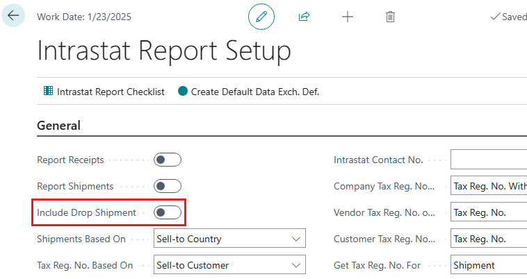 Shows the Intrastat Report Setup page with Include Drop Shipment field