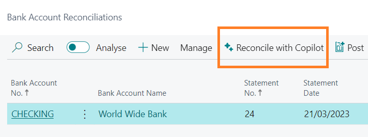 Reconcile with Copilot, a new AI-powered action on the Bank account reconciliation list page.
