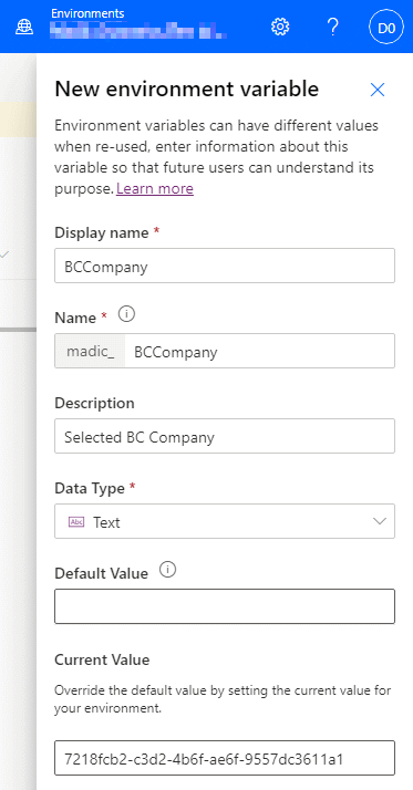 New environment variable pane completed for a variable called BCCompany